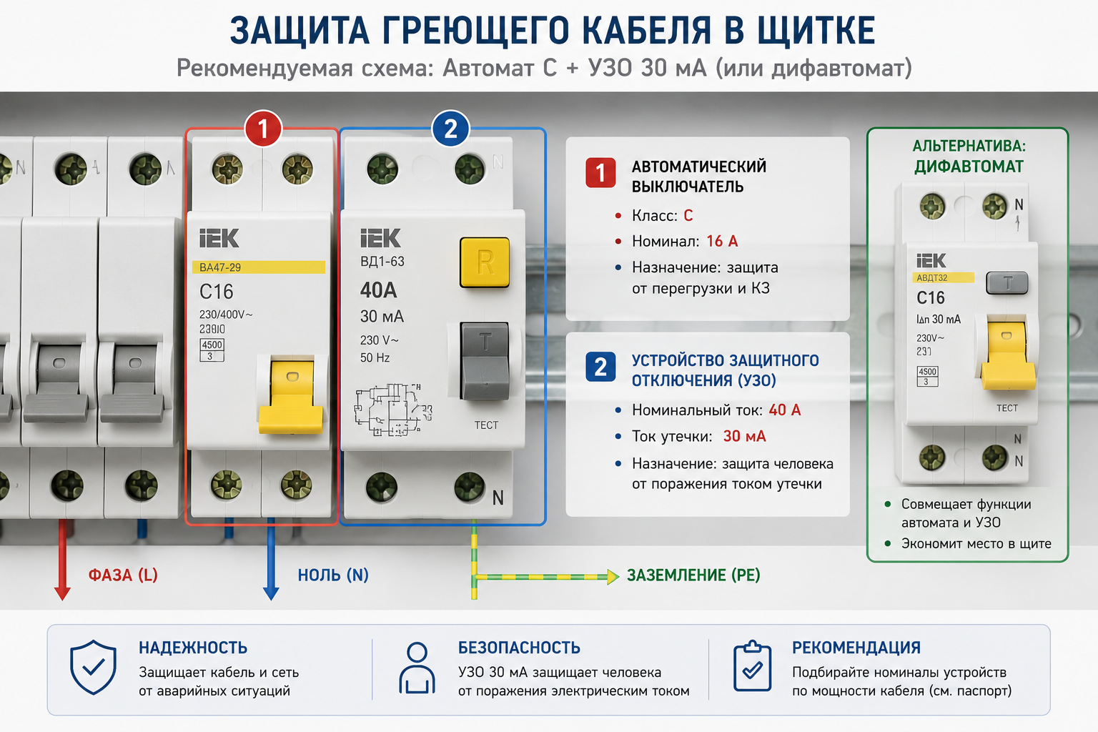 Автомат класса C и УЗО 30 мА для греющего кабеля в щитке Автомат класса C и УЗО 30 мА для греющего кабеля в щитке