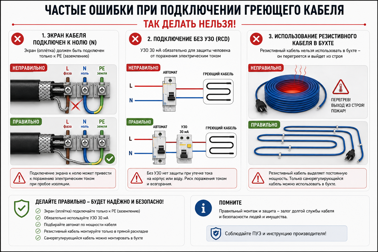 Частые ошибки при подключении греющего кабеля Частые ошибки при подключении греющего кабеля