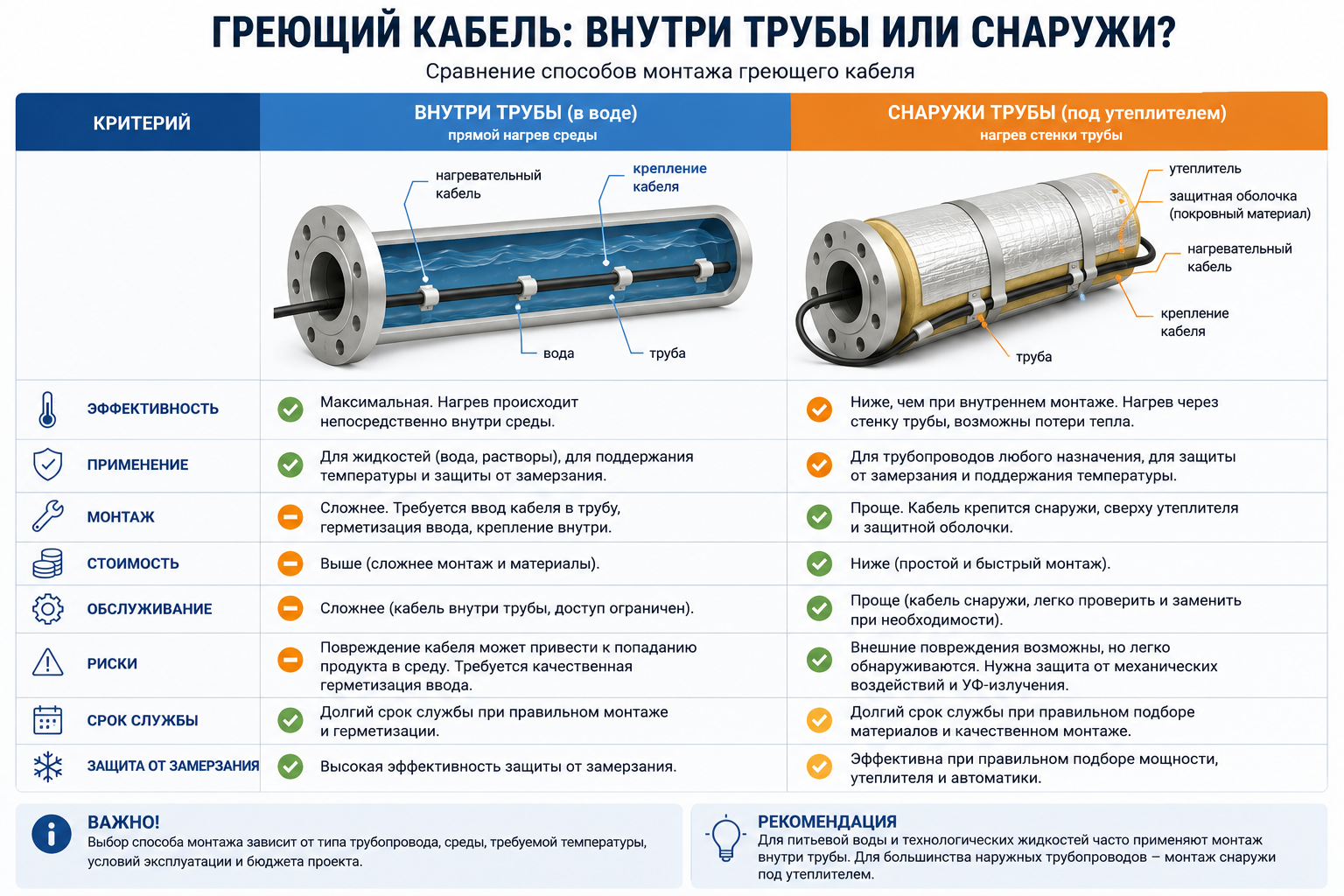Сравнение греющего кабеля внутри и снаружи трубы по критериям Сравнение греющего кабеля внутри и снаружи трубы по критериям