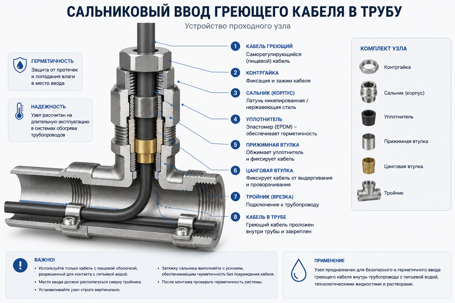 Сальниковый ввод греющего кабеля в трубу — устройство узла Сальниковый ввод греющего кабеля в трубу — устройство узла