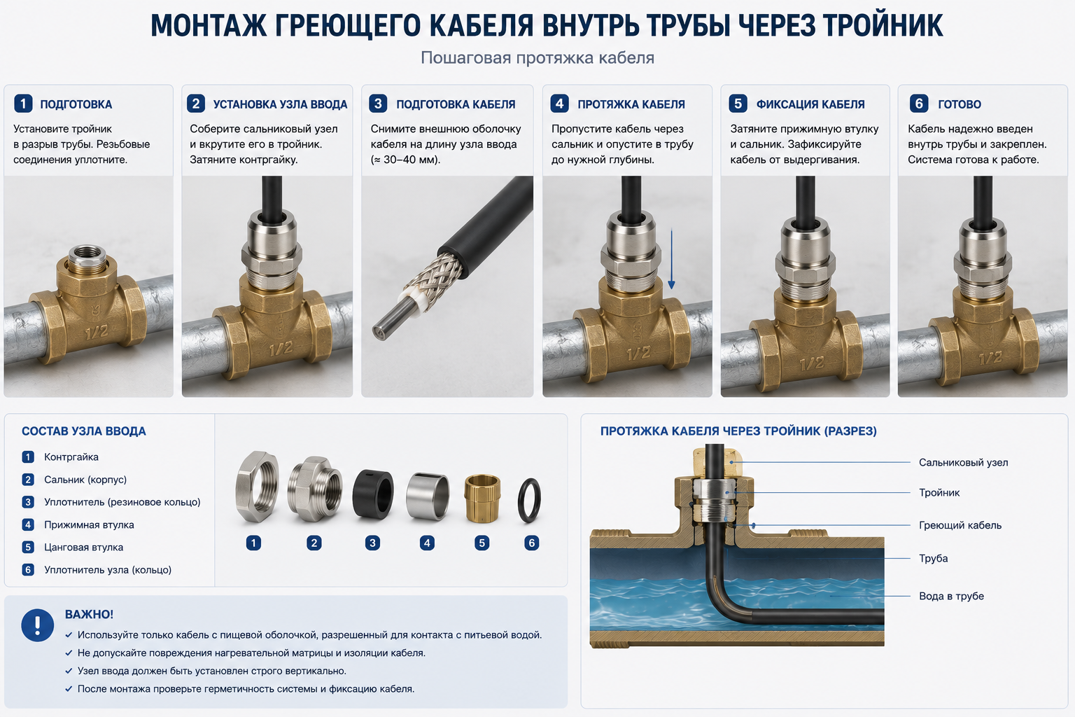 Монтаж греющего кабеля внутрь трубы через тройник Монтаж греющего кабеля внутрь трубы через тройник