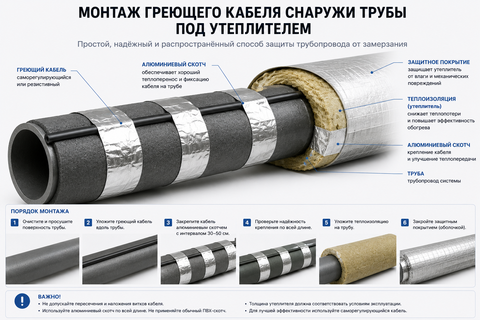 Греющий кабель на трубе под алюминиевым скотчем и теплоизоляцией Греющий кабель на трубе под алюминиевым скотчем и теплоизоляцией