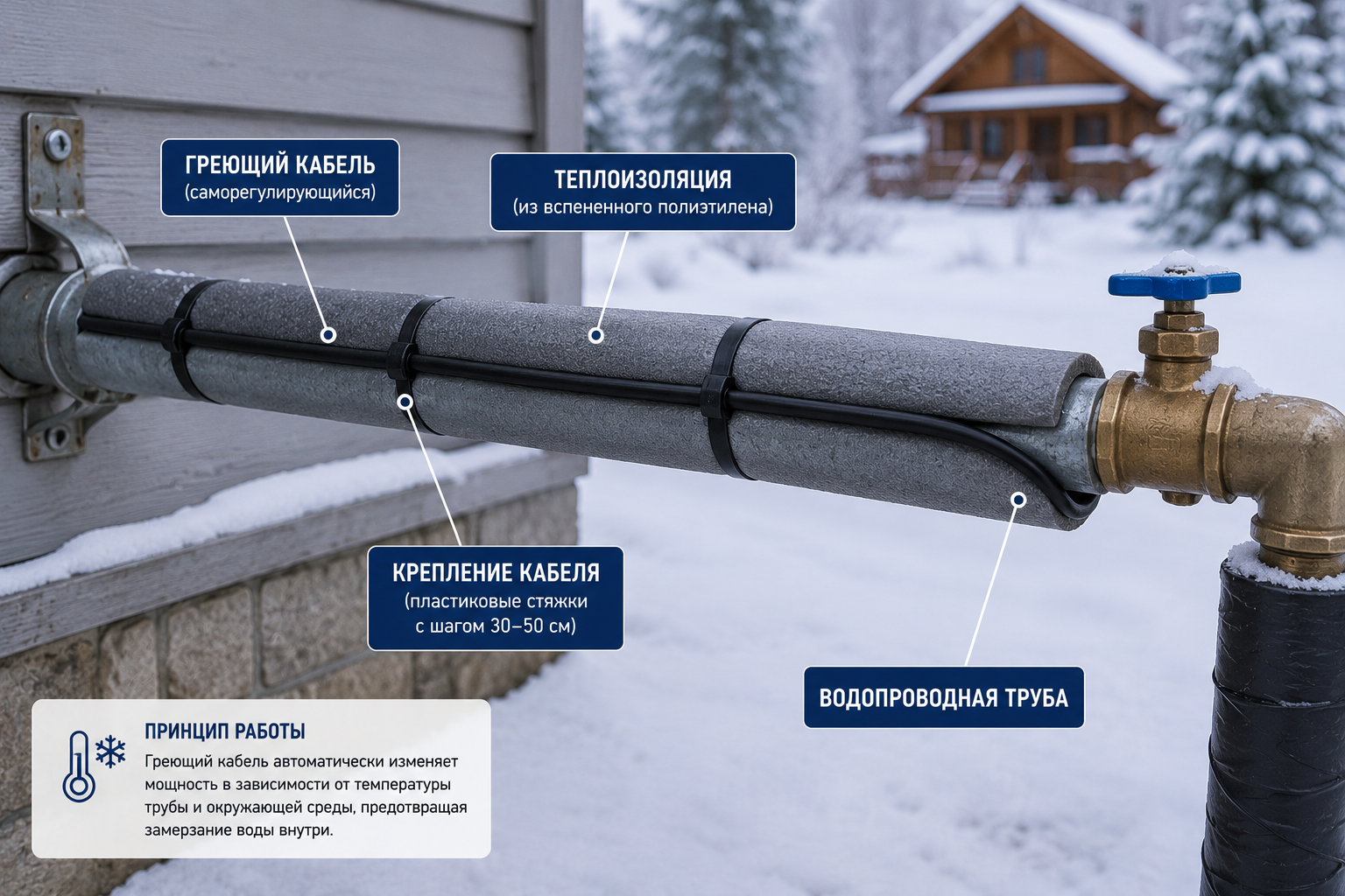 Греющий кабель для водопровода на трубе с теплоизоляцией зимой Греющий кабель для водопровода на трубе с теплоизоляцией зимой