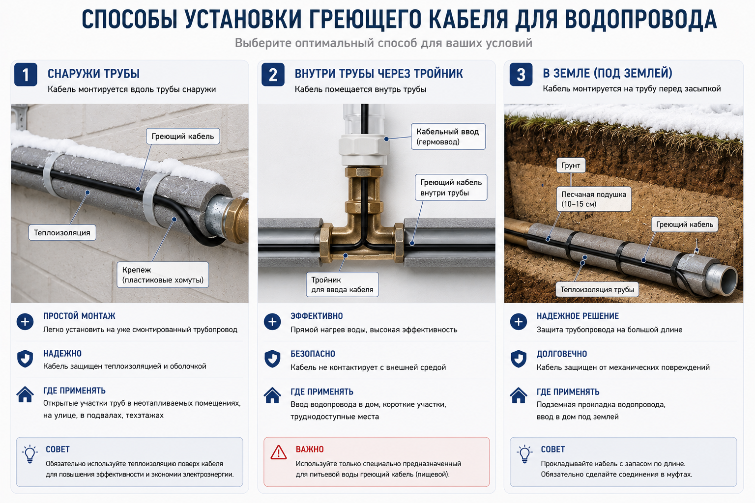 Способы установки греющего кабеля для водопровода: снаружи, внутри, в земле Способы установки греющего кабеля для водопровода: снаружи, внутри, в земле