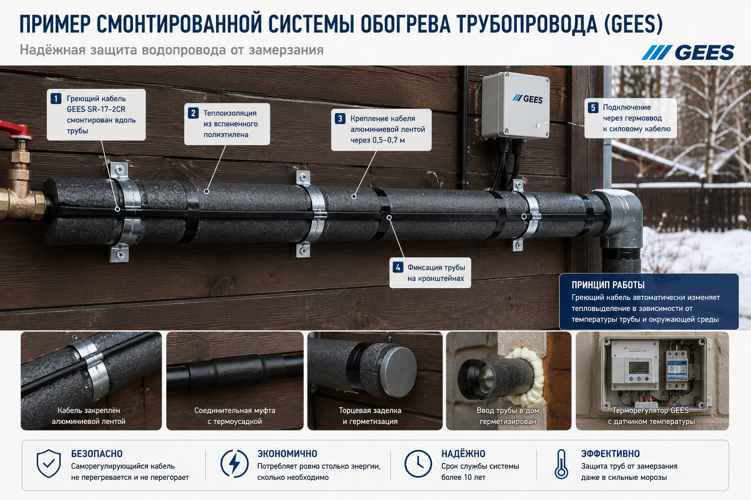 Смонтированный греющий кабель на водопроводе, работа GEES Смонтированный греющий кабель на водопроводе, работа GEES