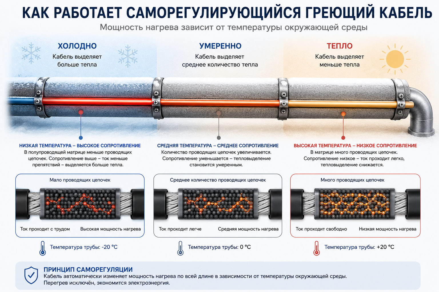 Принцип саморегуляции греющего кабеля на разных участках трубы Принцип саморегуляции греющего кабеля на разных участках трубы