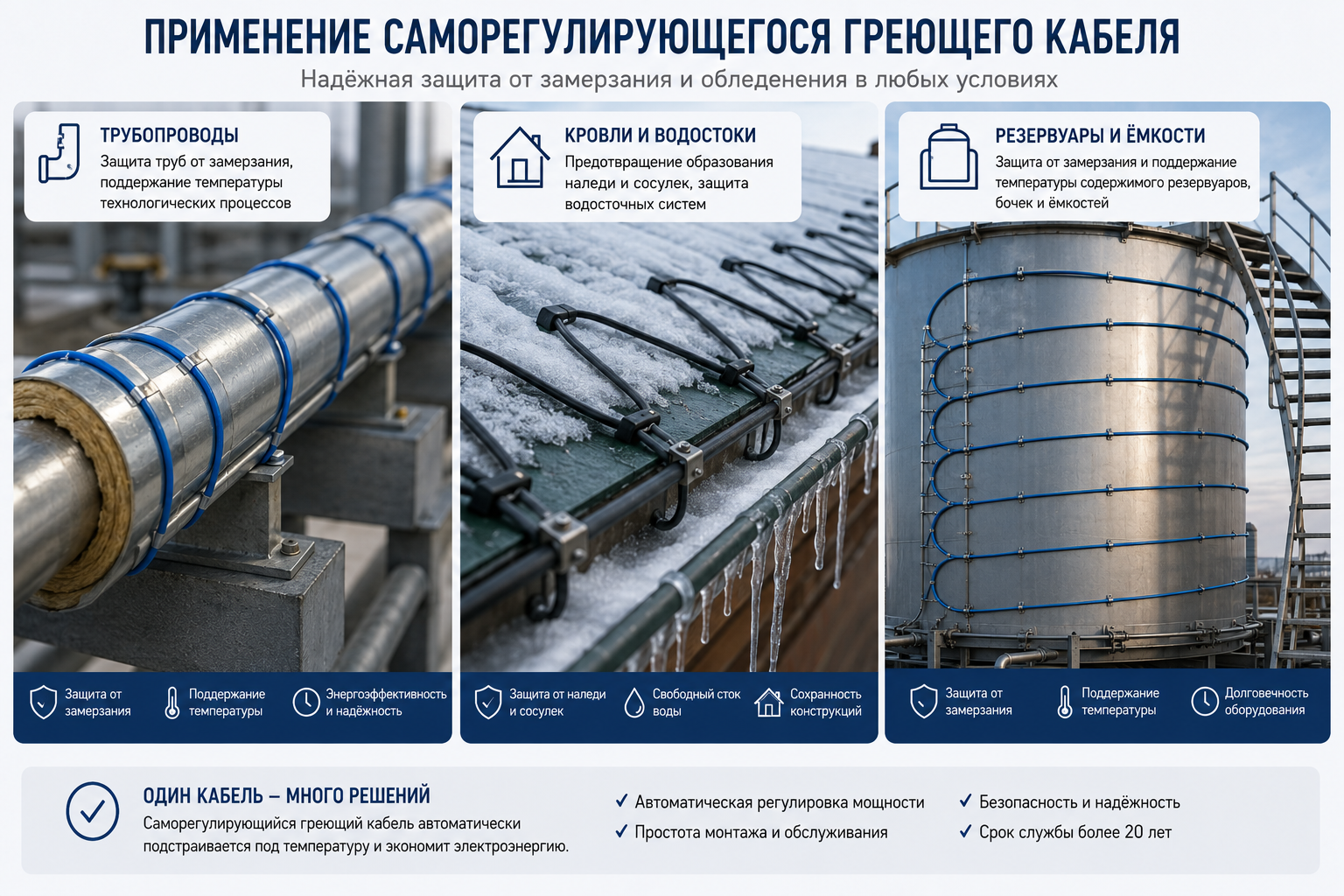 Применение саморегулирующегося греющего кабеля: трубы, кровля, резервуары Применение саморегулирующегося греющего кабеля: трубы, кровля, резервуары
