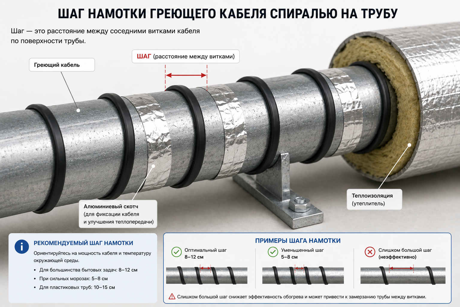 Шаг намотки греющего кабеля спиралью на трубу