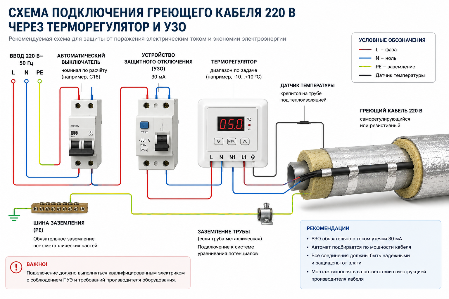 Схема подключения греющего кабеля 220В через УЗО и терморегулятор