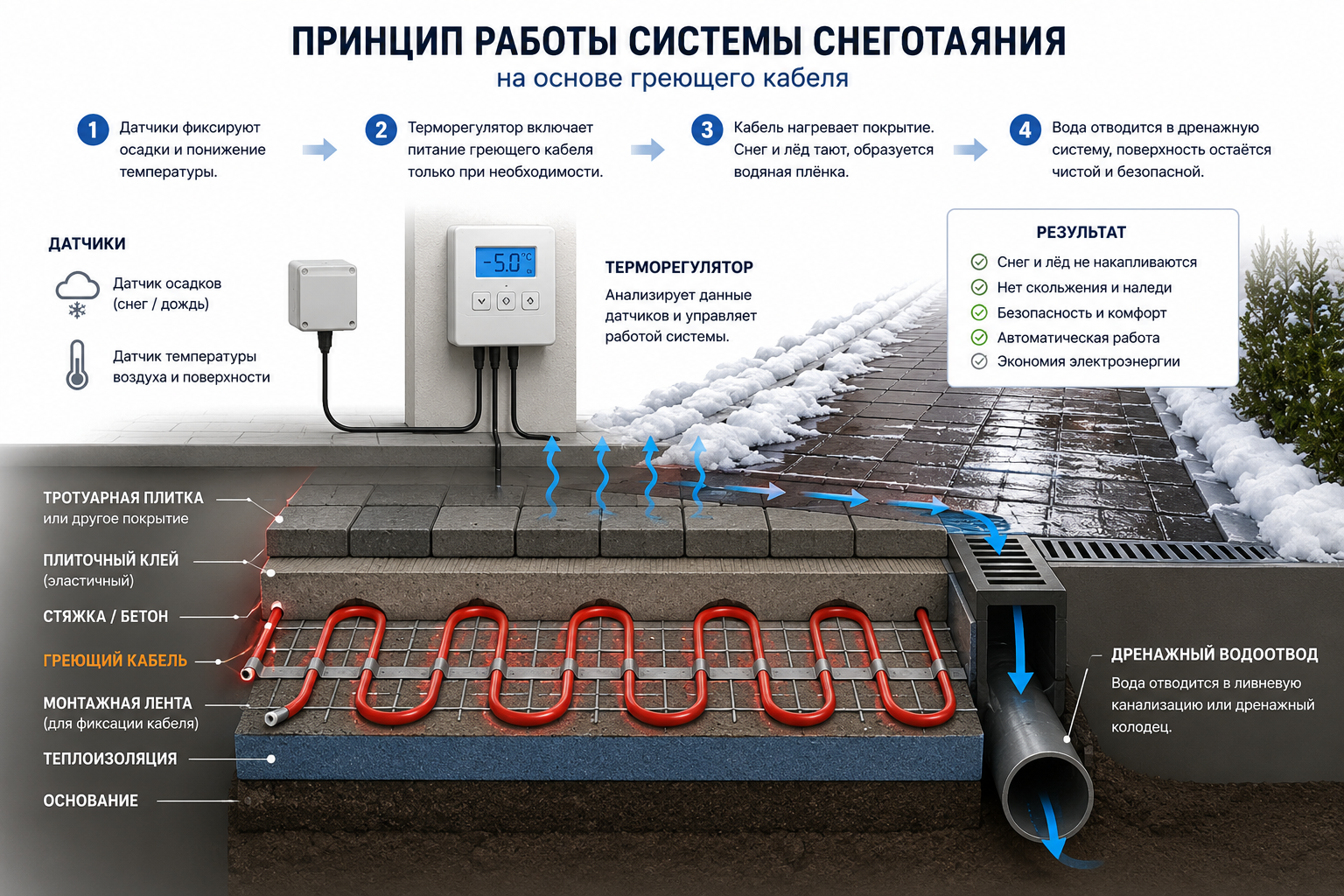 Принцип работы системы снеготаяния греющим кабелем