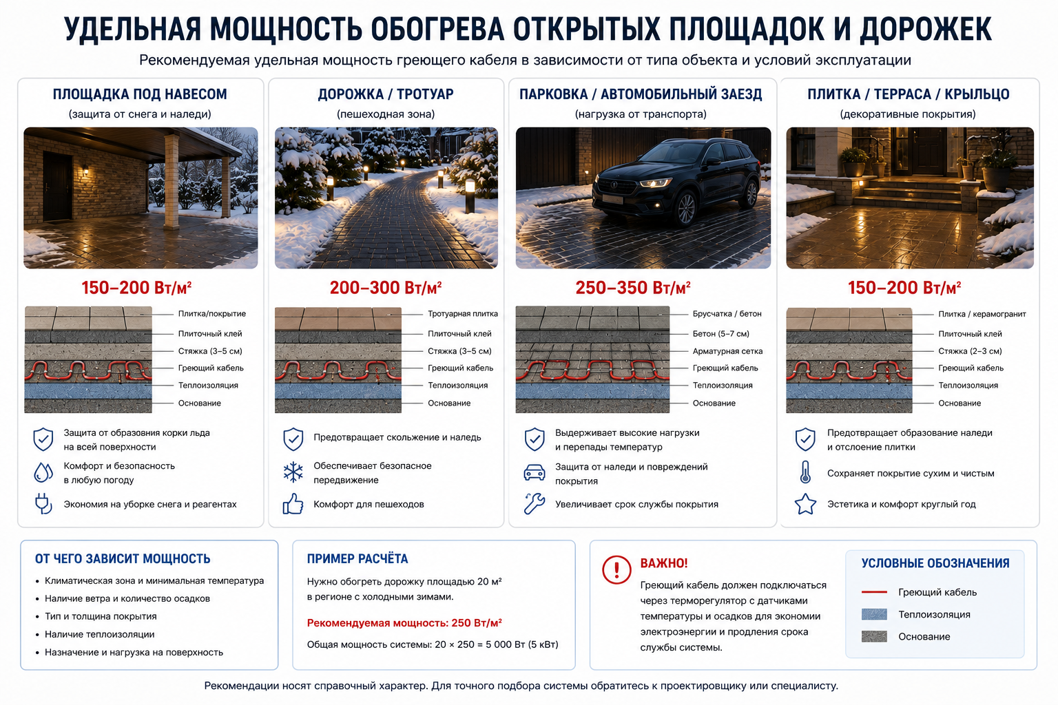 Удельная мощность обогрева площадок и дорожек в Вт на м²