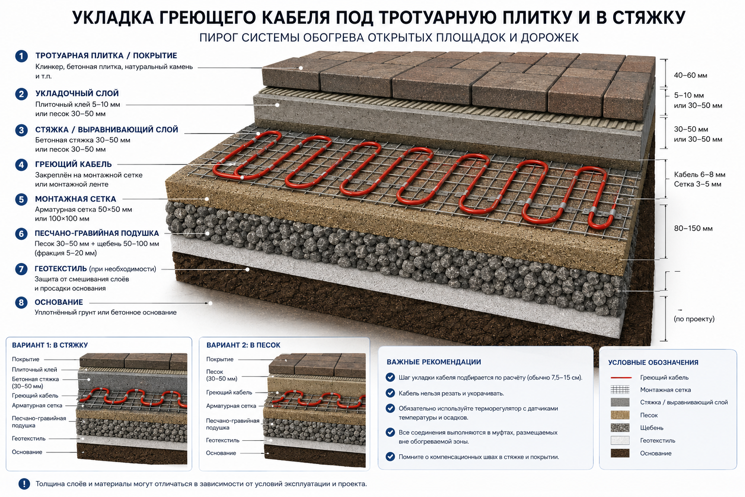Схема укладки греющего кабеля под тротуарную плитку и в стяжку