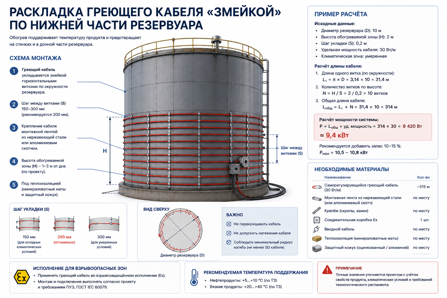 раскладка греющего кабеля по поверхности резервуара