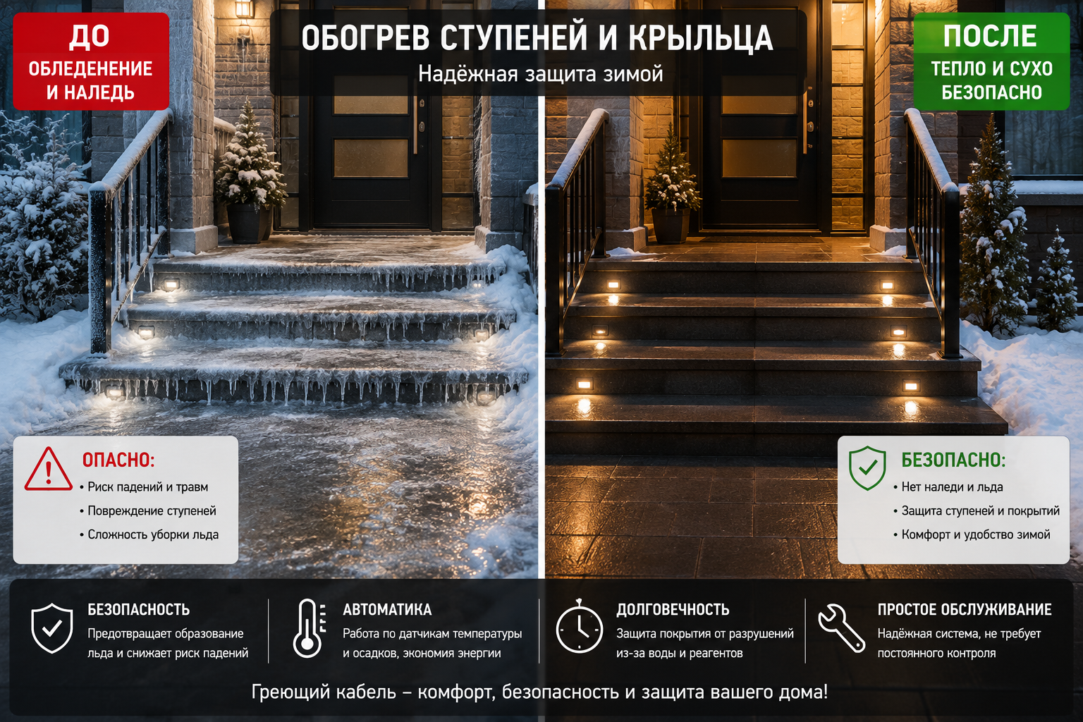Обогрев ступеней и крыльца греющим кабелем зимой Обогрев ступеней и крыльца греющим кабелем зимой