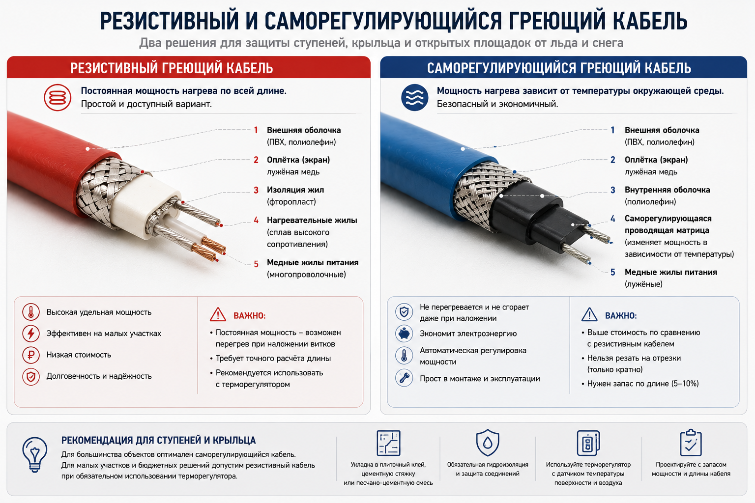 Резистивный и саморегулирующийся греющий кабель для ступеней Резистивный и саморегулирующийся греющий кабель для ступеней