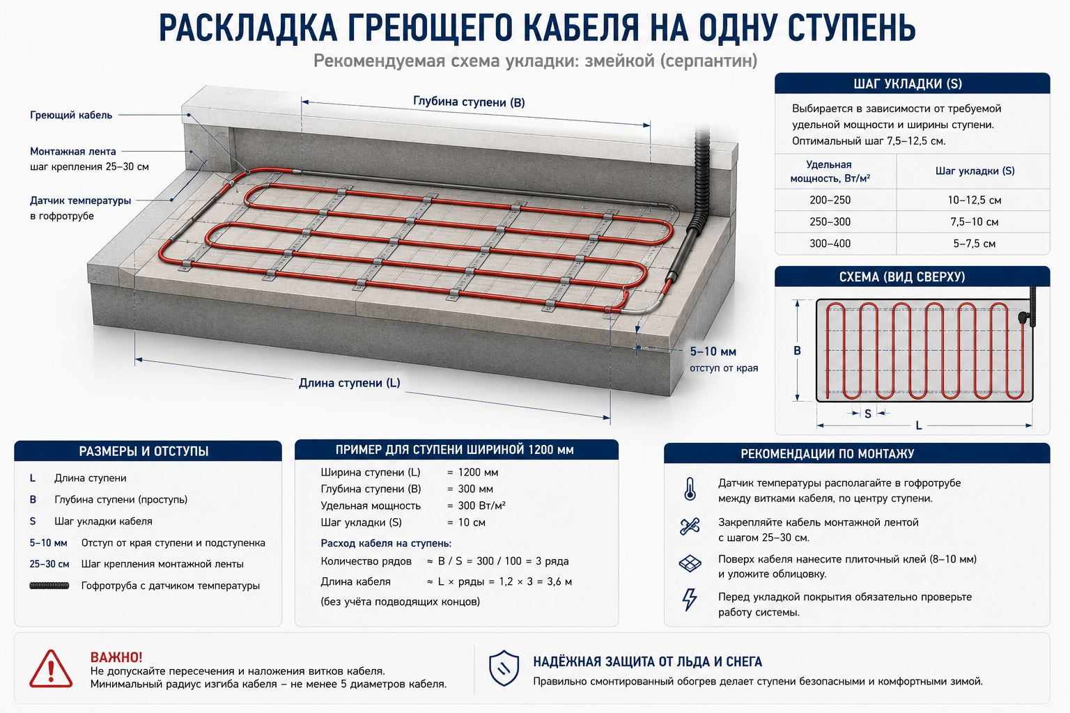Раскладка греющего кабеля на ступень: витки и шаг укладки Раскладка греющего кабеля на ступень: витки и шаг укладки