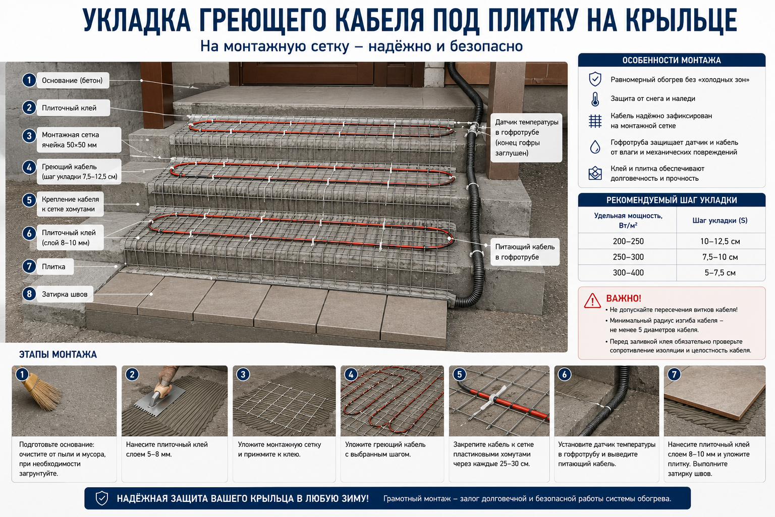 Монтаж греющего кабеля под плитку на крыльце Монтаж греющего кабеля под плитку на крыльце