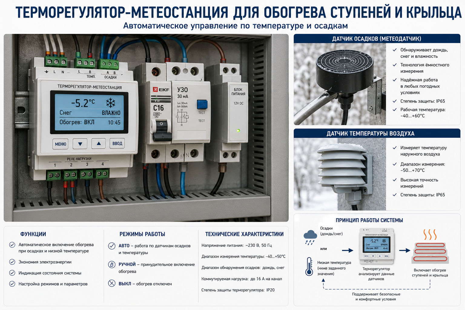 Терморегулятор и датчик осадков для обогрева ступеней Терморегулятор и датчик осадков для обогрева ступеней