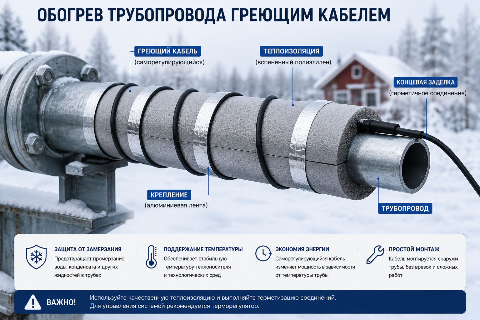 Обогрев трубопровода греющим кабелем снаружи трубы с теплоизоляцией
