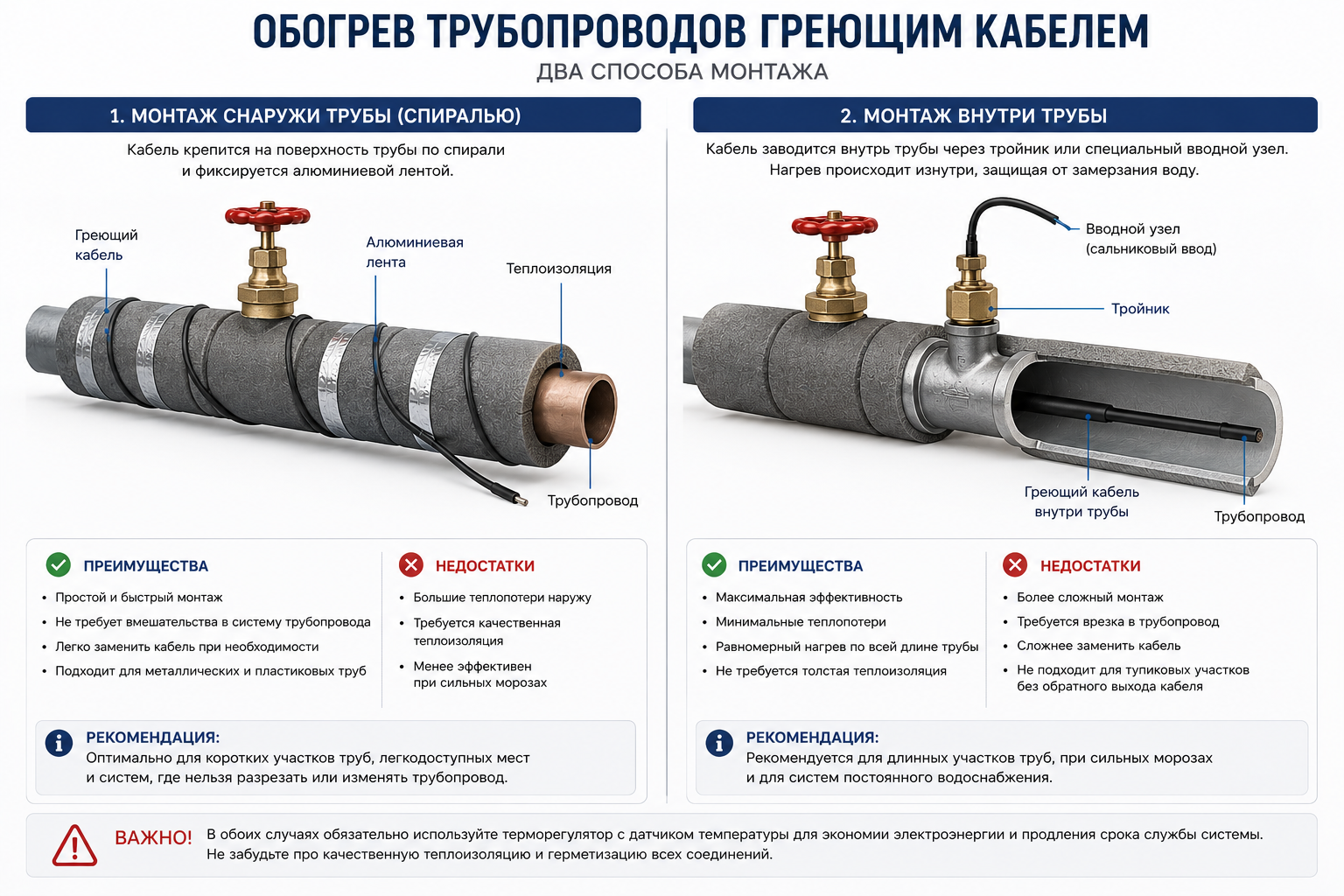 Монтаж греющего кабеля внутри трубы и снаружи — сравнение