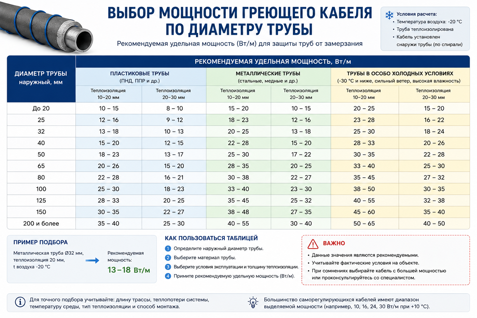 Таблица выбора мощности греющего кабеля по диаметру трубы