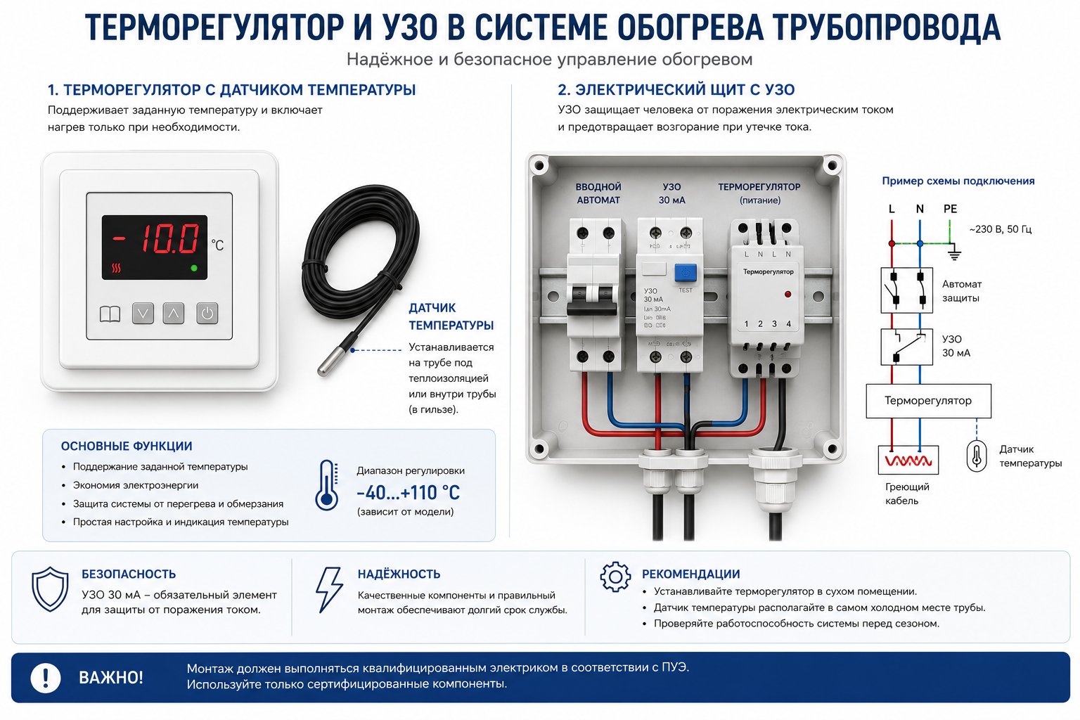 Терморегулятор и УЗО в системе обогрева трубопровода