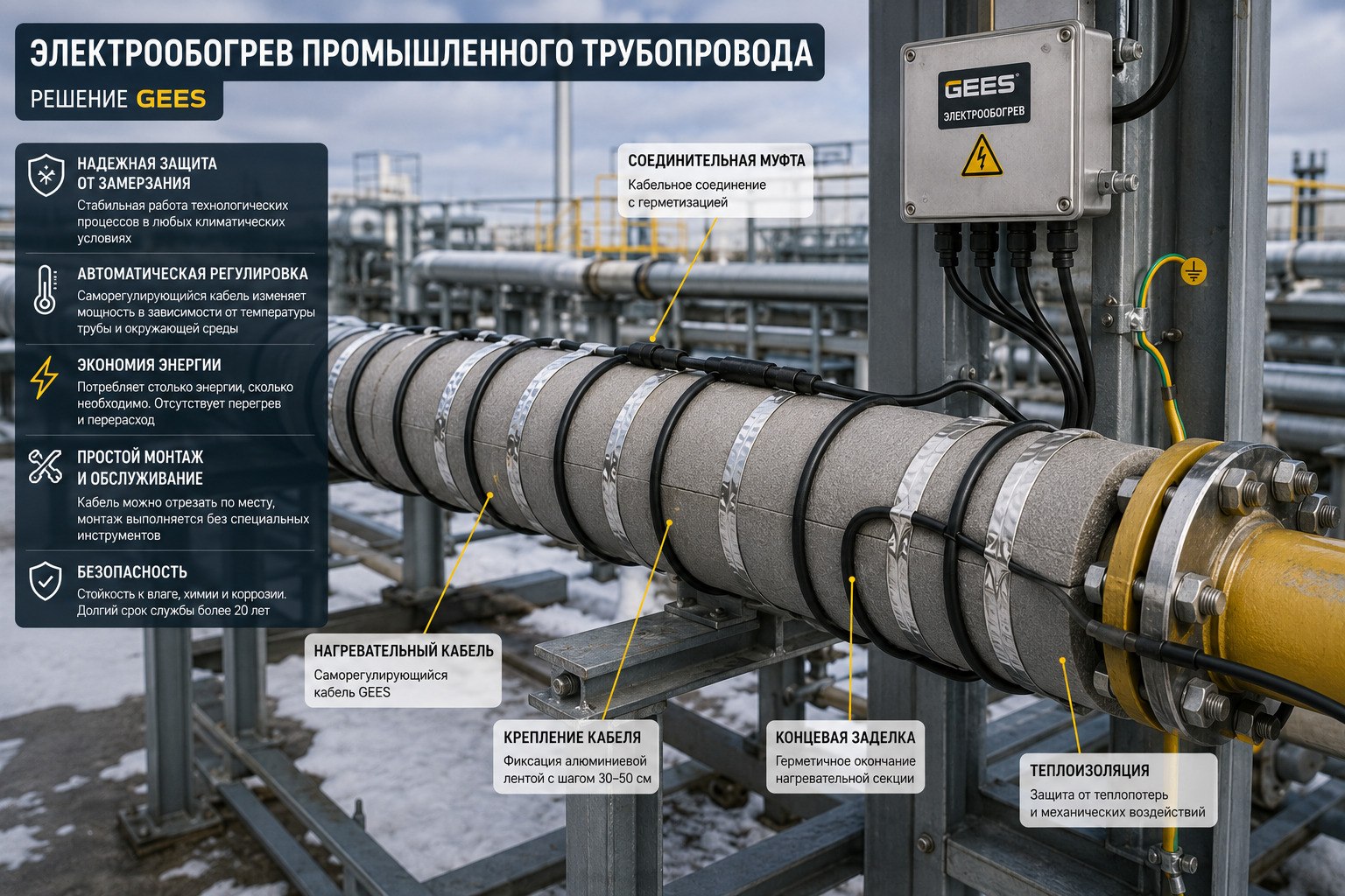 Электрообогрев промышленного трубопровода греющим кабелем