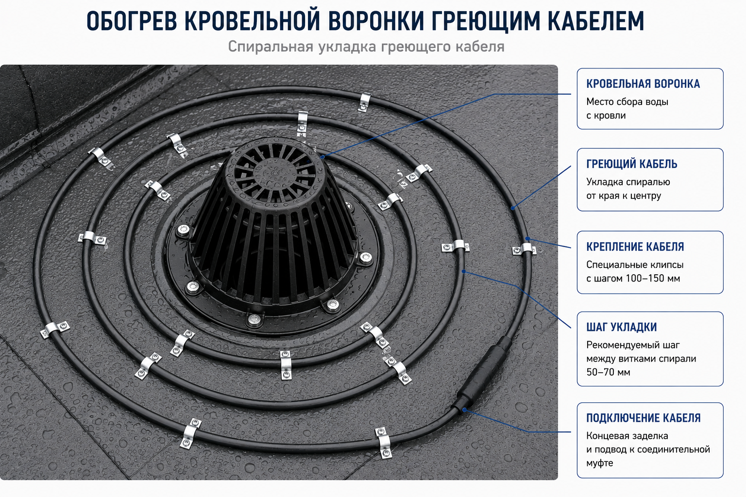 обогрев кровельной воронки греющим кабелем обогрев кровельной воронки греющим кабелем