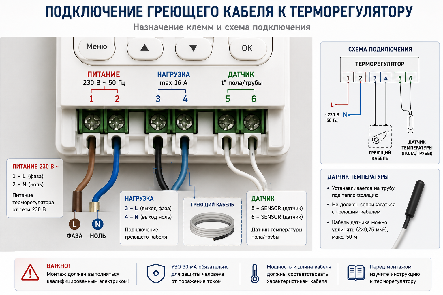 Подключение греющего кабеля к терморегулятору: схема клемм и датчик Подключение греющего кабеля к терморегулятору: схема клемм и датчик