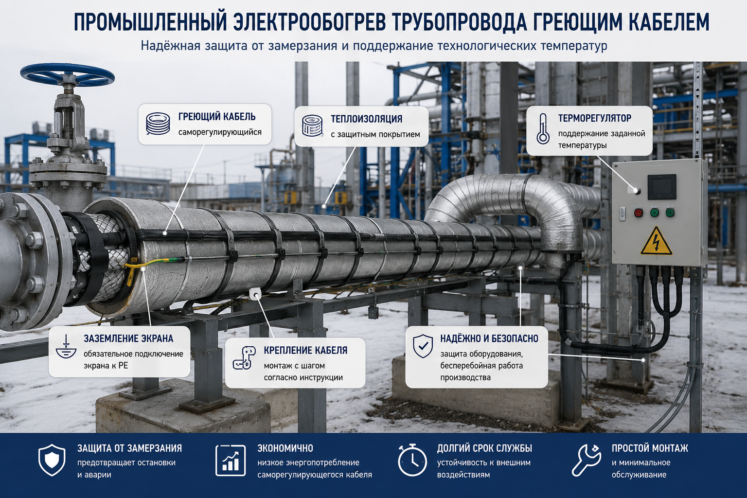 промышленный электрообогрев трубопровода греющим кабелем