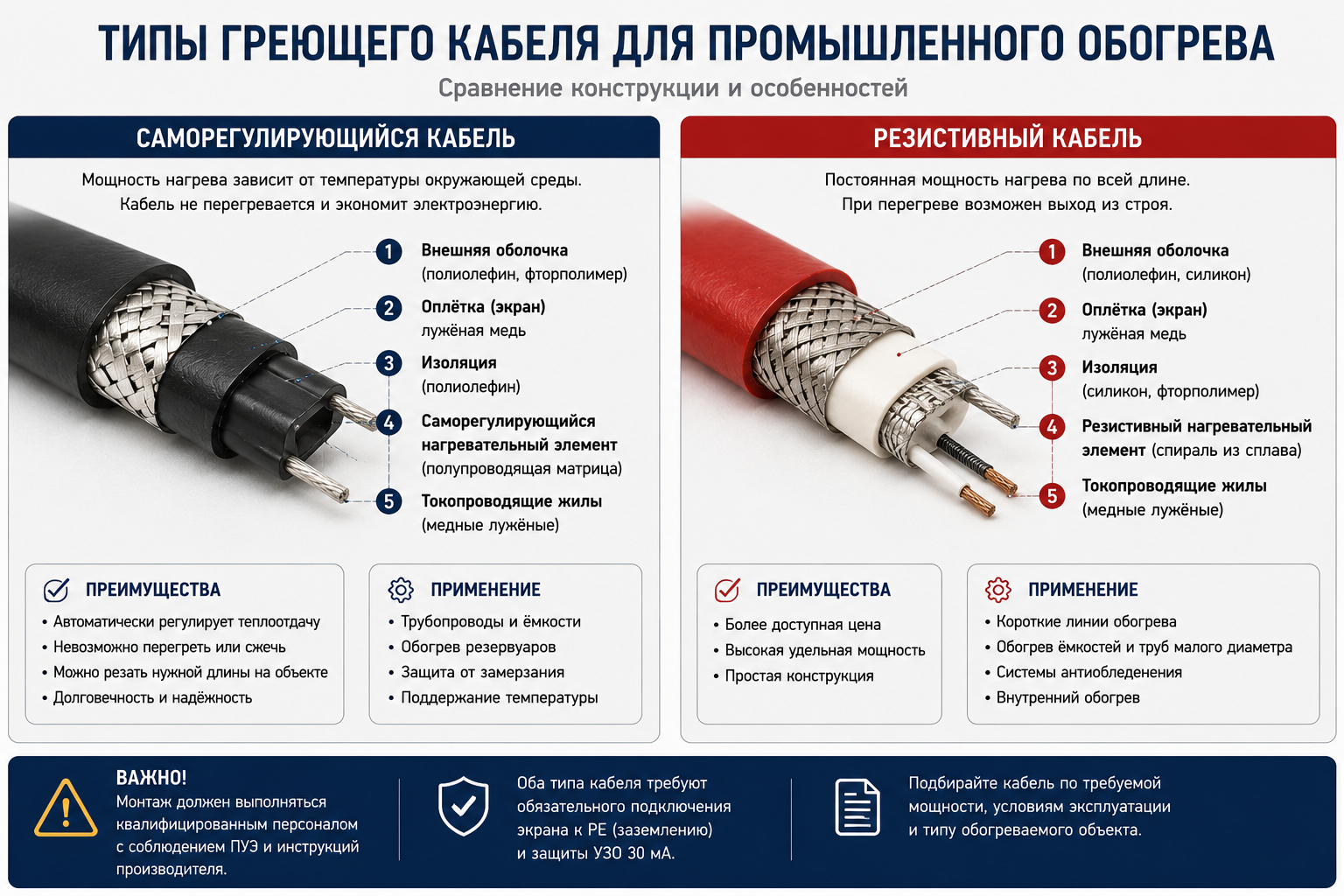 типы греющего кабеля для промышленного обогрева