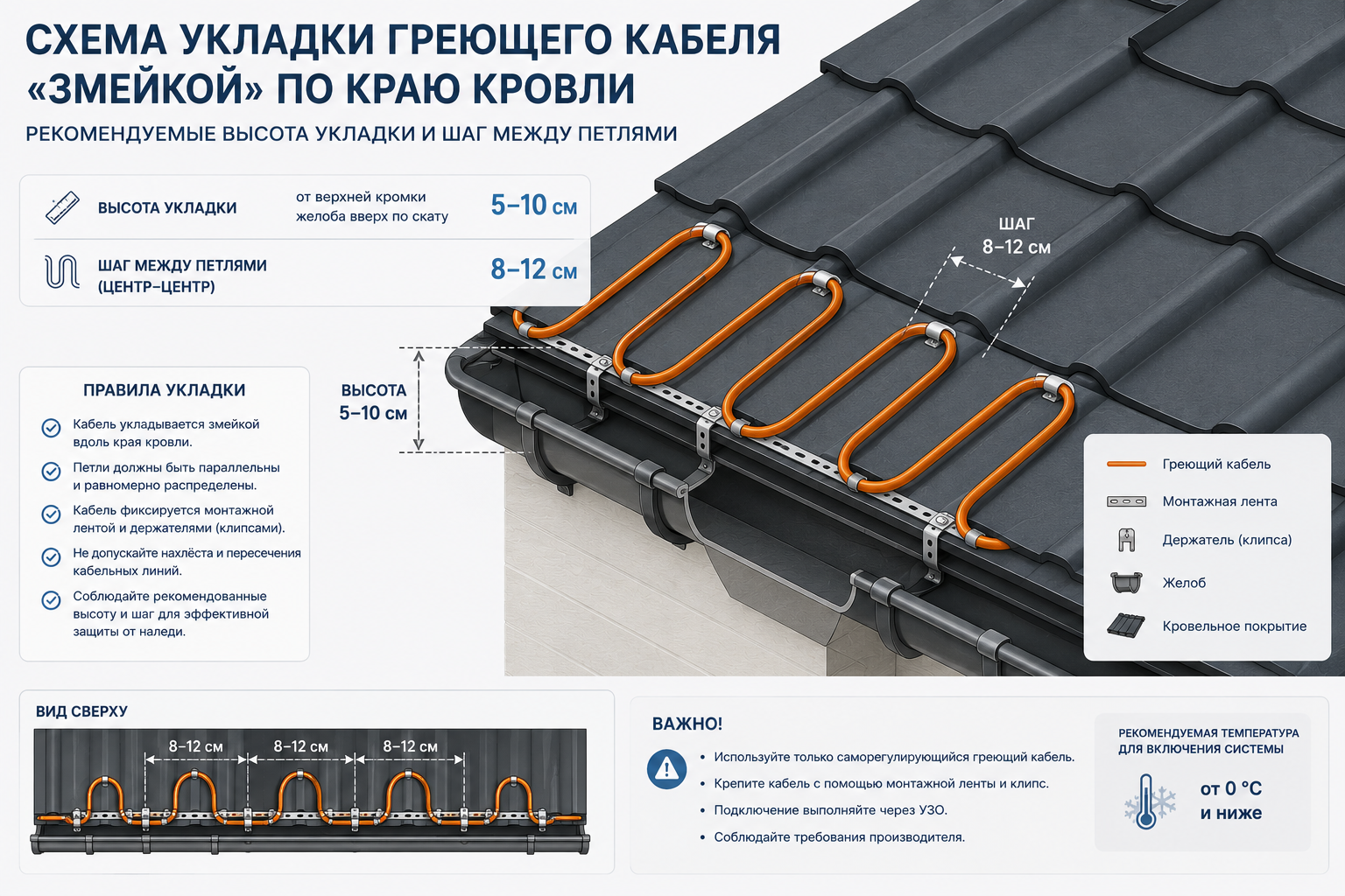 Схема укладки греющего кабеля змейкой по краю кровли: высота и шаг