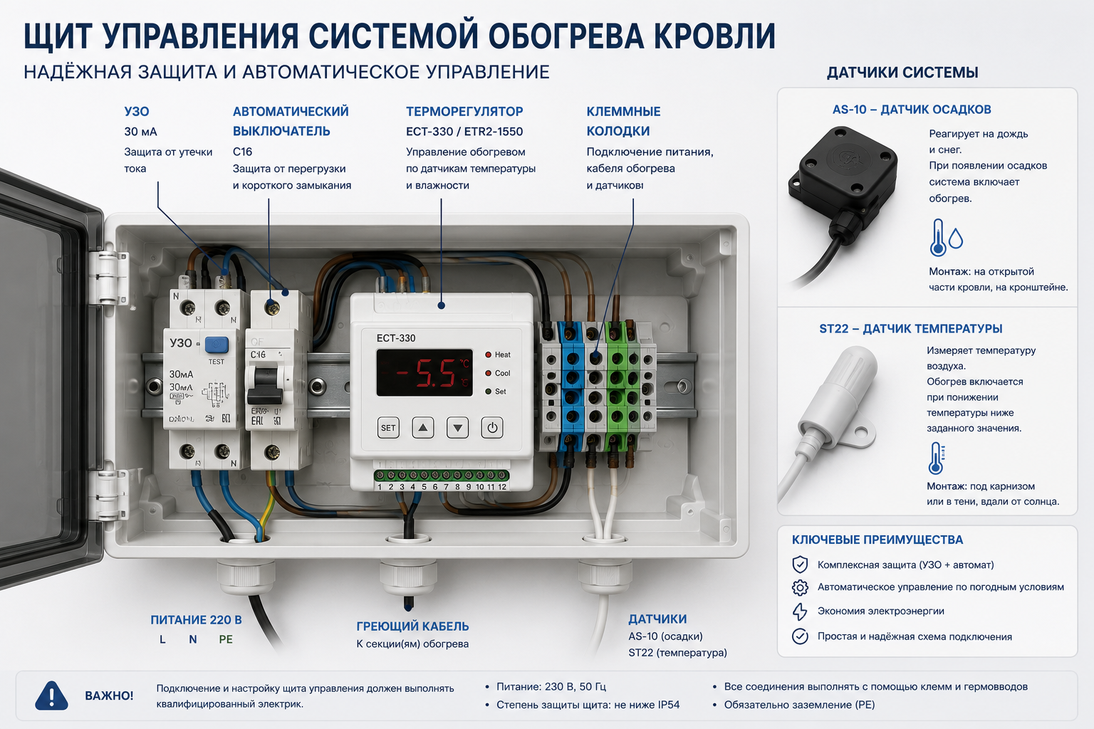 Щит управления электрообогревом кровли с УЗО, автоматом и терморегулятором