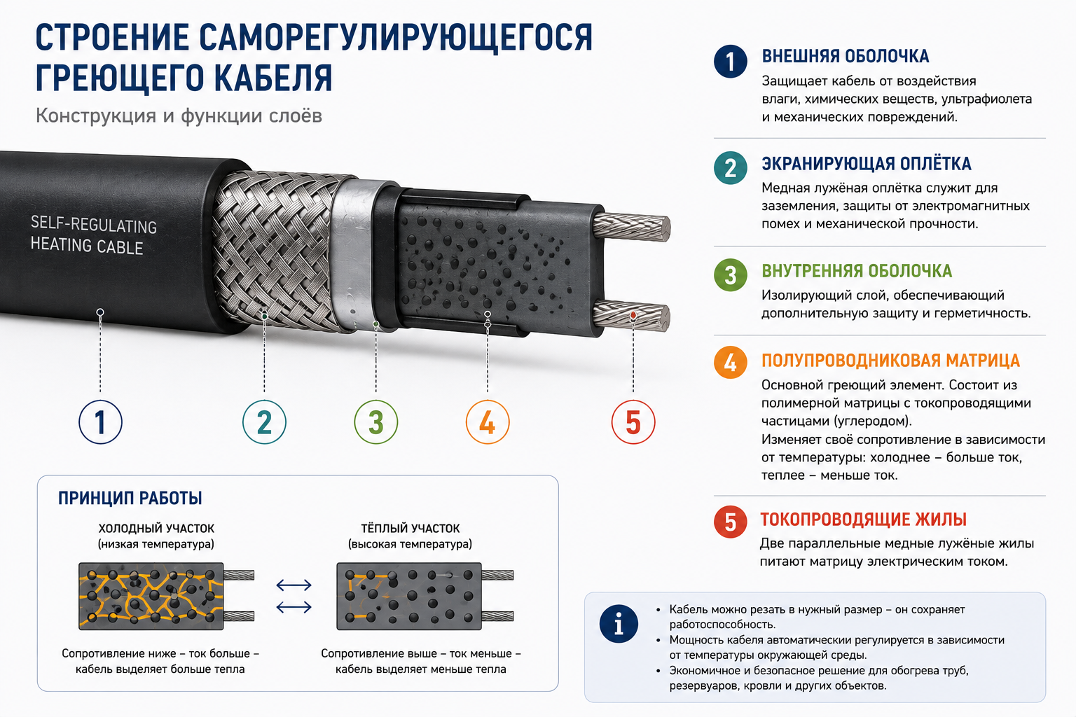 Строение саморегулирующегося греющего кабеля в разрезе Строение саморегулирующегося греющего кабеля в разрезе