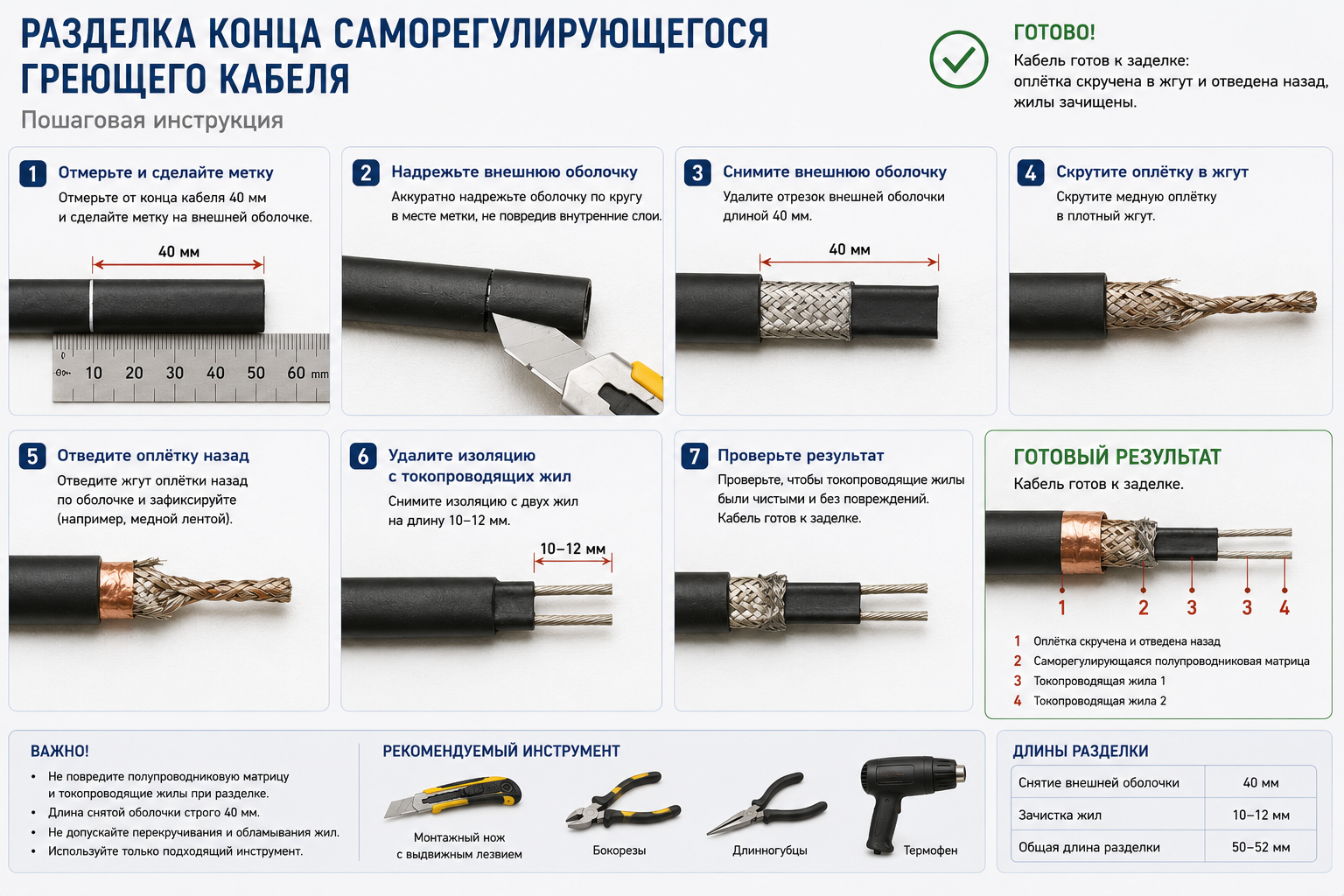 Разделка саморегулирующегося греющего кабеля пошагово Разделка саморегулирующегося греющего кабеля пошагово