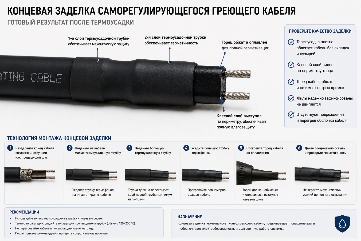 Концевая муфта греющего кабеля после термоусадки Концевая муфта греющего кабеля после термоусадки