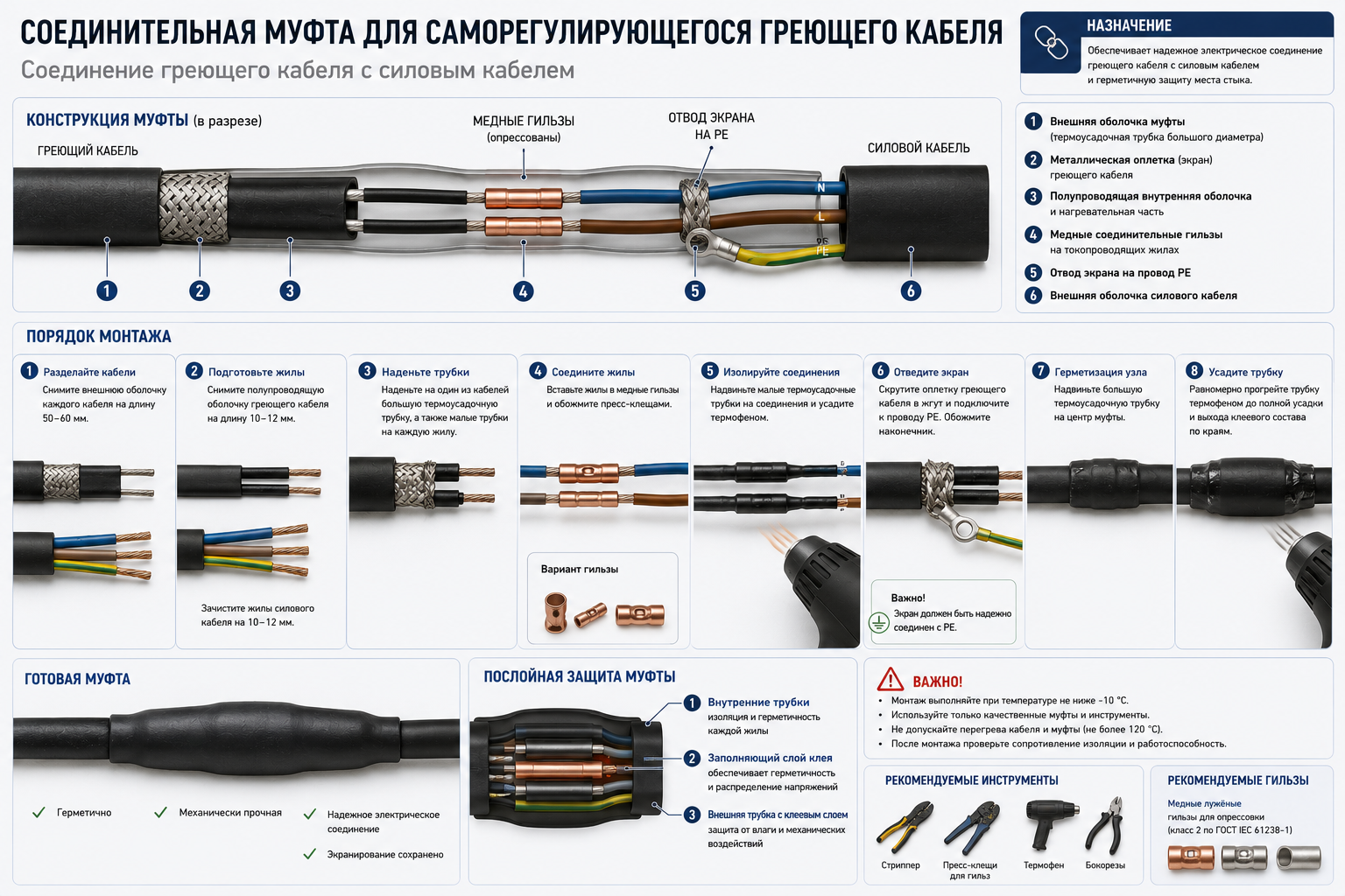 Монтаж соединительной муфты греющего кабеля Монтаж соединительной муфты греющего кабеля