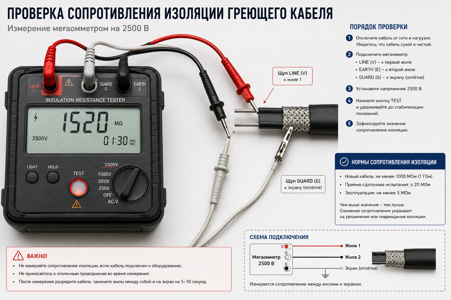 Проверка сопротивления изоляции греющего кабеля мегаомметром Проверка сопротивления изоляции греющего кабеля мегаомметром