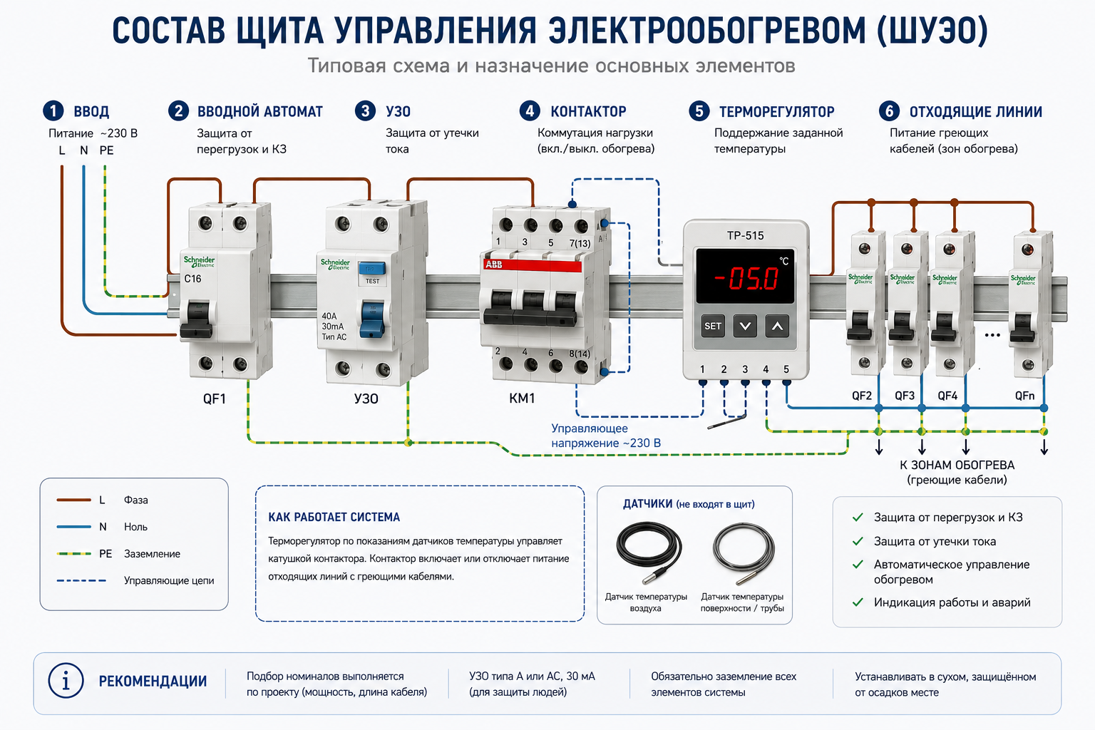 Состав щита управления электрообогревом: автоматы, УЗО, контакторы, терморегулятор Состав щита управления электрообогревом: автоматы, УЗО, контакторы, терморегулятор