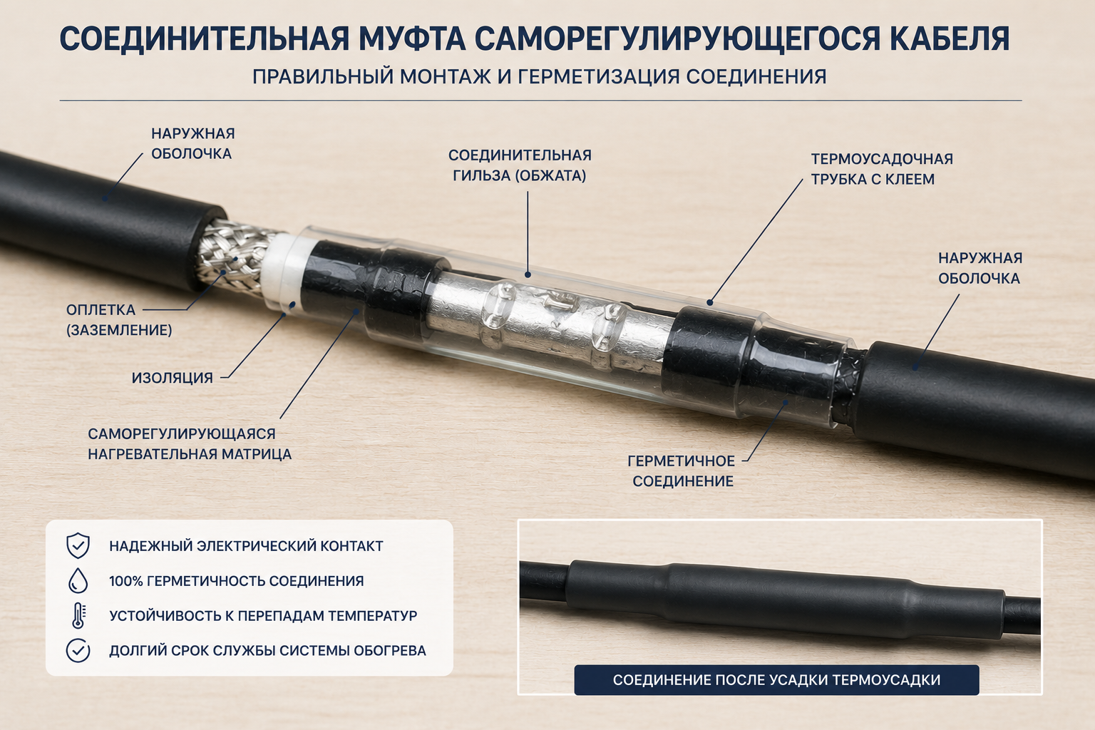 Правильно установленная соединительная муфта саморегулирующегося греющего кабеля с термоусадочной трубкой после герметизации. Правильно установленная соединительная муфта саморегулирующегося греющего кабеля с термоусадочной трубкой после герметизации.