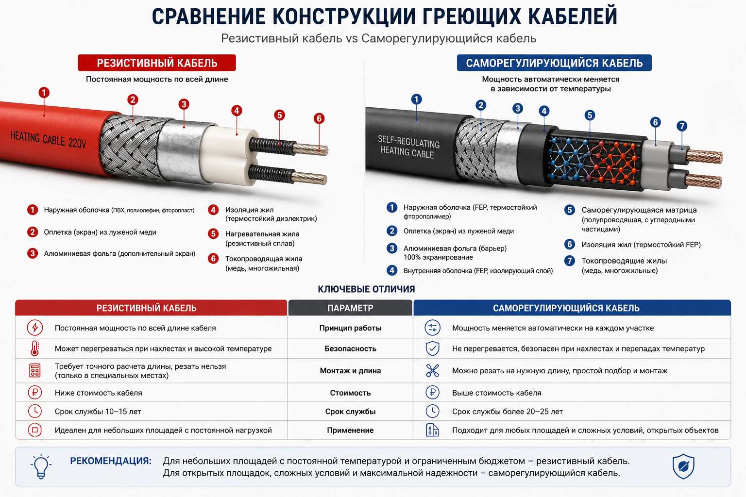 сравнение резистивного и саморегулирующегося кабеля в разрезе сравнение резистивного и саморегулирующегося кабеля в разрезе